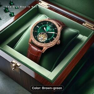 New Men’s Automatic Luxurious Green Dial Watch with Brown Leather Strap